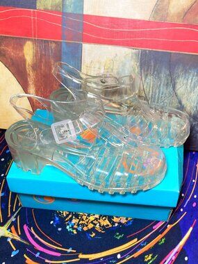 NEW WOMEN'S KALI SANDALS TRANSPARENT CLEAR SHOES SIZE 10 HEEL CLOGS BUCKLE Y2K
